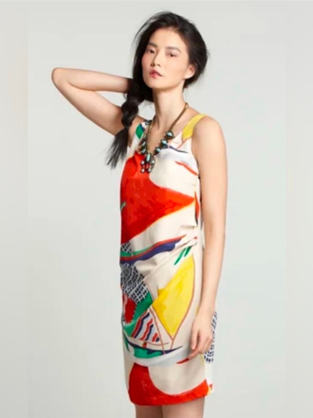 ANTHROPOLOGIE Zoologist Silk Ruched Shift Laguna De Paca Dress Size 2 Abstract